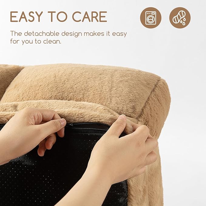 Hollypet Fluffy Dog Cat Bed Pet Couch Beds Plush Soft Warming Washable Puppy Bed for Small Medium Dogs and Large Cats, Light Brown, 24" L x 18" W x 10" Th