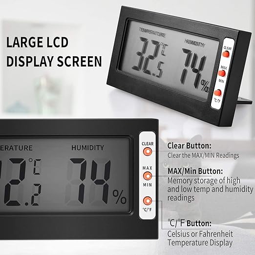 Simple Deluxe Digital Thermometer and Humidity Gauge with Remote Probes for Brooder Reptiles Terrarium, 4 Pack, Black