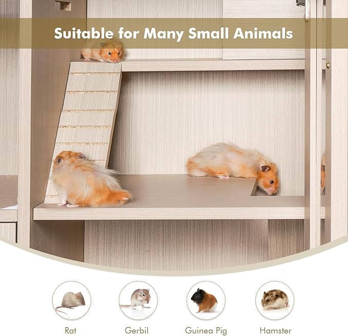 Small Animal Cage Hamster Cage with Storage Cabinet and Ramp, Openable Top, Easy View Acrylic Windows, Wood Ferret Cages for Chinchillas/Guinea Pigs/Rabbit