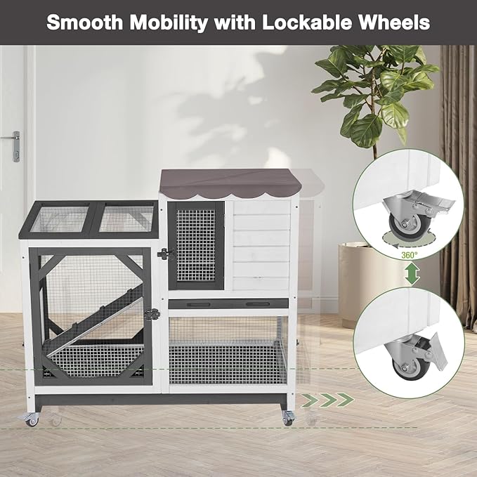 Large Rabbit Hutch Outdoor, 2-Tier Bunny Hutch with Wheels and Waterproof Roof, Wooden Guinea Pig Cage with Leak-Proof Pull-Out Trays, Multi-Door Bunny Cage for Small Animals-Black and White