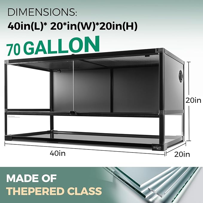 70 Gallon Full Glass Reptile Tank, Quick Fold Reptiles Enclosure with Waterproof Base, Top Screen Ventilation, 40" x 20" x 20" Front Opening Large Terrarium for Bearded Dragon, Ball Python, Snake