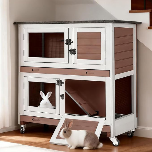 Rabbit Hutch Indoor Outdoor, Large Bunny Cage with Wheels, 2-Tier Wooden Rabbit Cage, Chew-Proof Ramp with Metal Edges, Dual Pull-Out Trays, Bunny House for Rabbits & Guinea Pigs