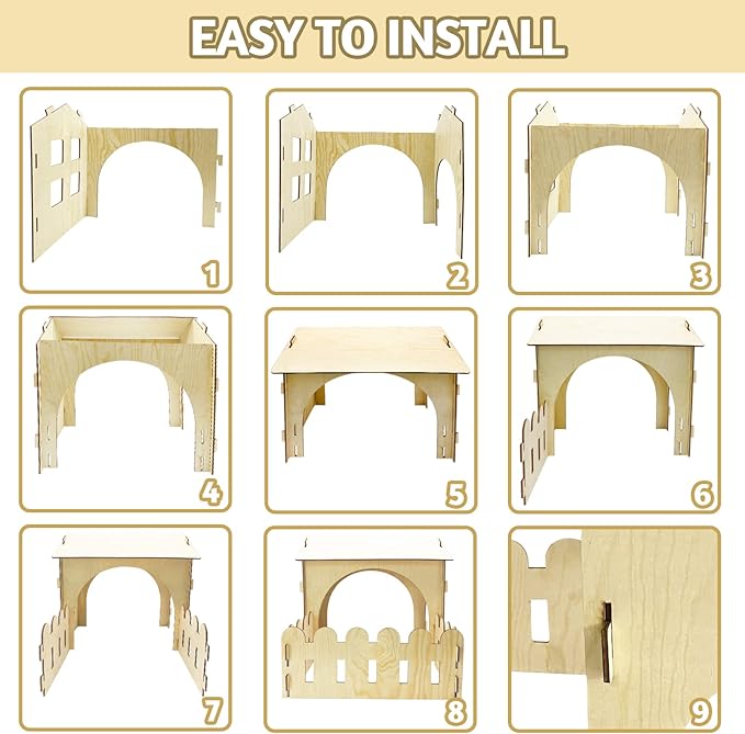 Fhiny Wooden Rabbit Castle Hideout with Fence, Small Animal Rest and Play House Hideaway with Window Detachable Rabbit Bed Hut Bunny Castle for Indoor Chinchilla Guinea Pig Hedgehog