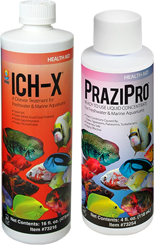 ICH X 16 fl oz, PraziPro 4 fl oz for Freshwater, Including Trinity Treats Microfiber Cleaning Cloth (ICH X for Freshwater Fish, PraziPro for Fish)