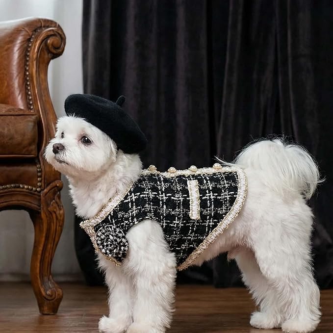 Luxury Dog Clothes Tweed Suits and Beret Hat,Black Winter Warm Pet Coat Vintage Jacket Vest,Cat Artist Costume Cosplay Party Outfits for Small Medium Dogs,XL