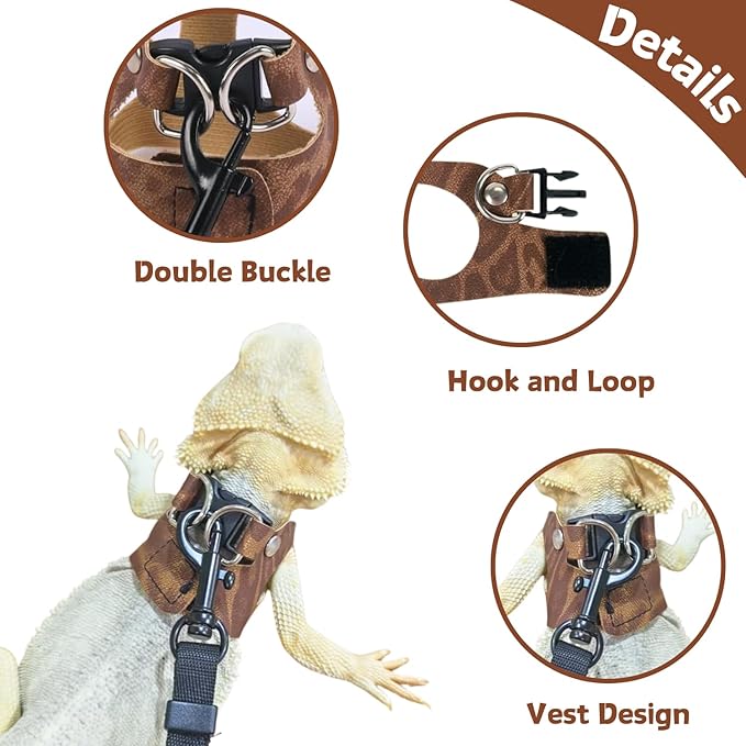 3 Pack Bearded Dragon Harness and Leash Set - Adjustable Soft Leather Lizard Harness Leash Small Animal Traction Rope Training Walking Vest Accessories for Reptile Squirrel Rat (Brown Leopard)