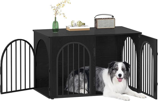 Hzuaneri 39.4" Wooden Dog Crate Furniture, Indoor Dog Kennel Dogs Cage for Small/Medium/Large Dogs, Heavy Duty Dog Crates Decorative Pet House End Side Table TV Stand, Black DFC84104B