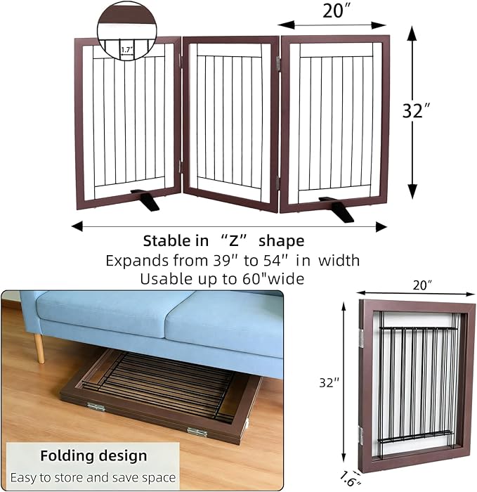 ZJSF Freestanding Dog Gate Indoor, Foldable Dog Fence for Doorways,Hallways or Stairs, Sturdy Wood Extra Wide Pet Gate with Support Feet,Brown,32 "Height-3 Panels