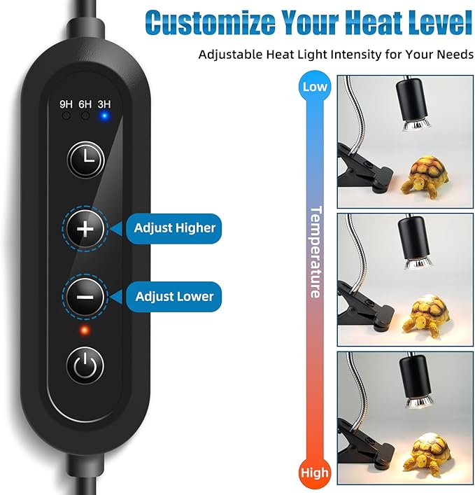Adjustable Temperature Turtle Tortoise Reptile Heating Lamp with Dual UVB 50W Bulbs and Built-in Timer for Turtles, Tortoises, and Bearded Dragons (Black)