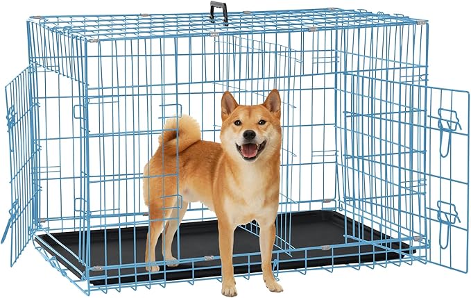 Dog Crate for Large Medium Small Dogs, Folding Dog Kennel Cage with Plastic Tray & Divider 48"/42"/ 36"/ 30"/ 24" Indoor Outdoor Metal Double Door Heavy Duty Dog Pen Enclosure, Blue(36 Inch)