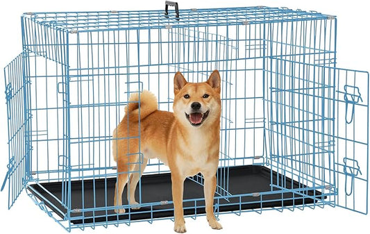 Dog Crate for Large Medium Small Dogs, Folding Dog Kennel Cage with Plastic Tray & Divider 48"/42"/ 36"/ 30"/ 24" Indoor Outdoor Metal Double Door Heavy Duty Dog Pen Enclosure, Blue(36 Inch)