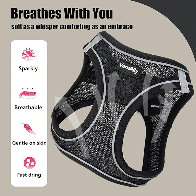 Sparkly Dog Harness Small Sized and Leash Set for Small Dogs Cats,Black S Puppy Harness, Step in Soft Dog Reflective Vest, Breathable Mesh Pet Harness. (Black, S)