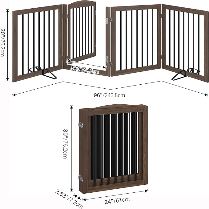 Vantas Folding Pet Gate 96" Wide, 30" Tall No-Assembly Wooden Dog Gate with Door Walk Through, Freestanding Puppy Safety Fence, with 2PCS Support - Brown
