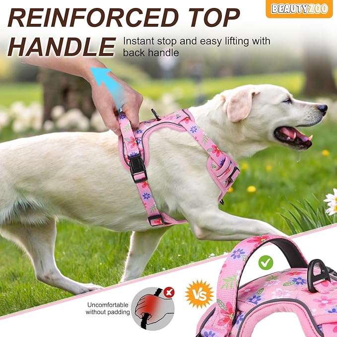 BEAUTYZOO No Pull Dog Harness and Leash Set with 2 Metal Leash Clips - Overhead-Free 3 Snap Buckles Design, Adjustable No-Choke Soft Padded Reflective Oxford Pet Vest for Small Medium Large Dogs, M