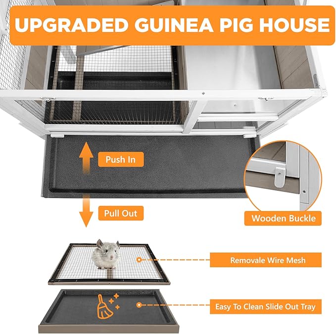 Easy-View 2-Storey Guinea Pig Cages Indoor, Wooden Guinea Pig Cages with 4 Detachable Legs, Leakage Pull-Out Tray, Metal Strip Ramp, Hideout, Ideal for Guinea Pig, Rabbit, Hamster, Hedgehog