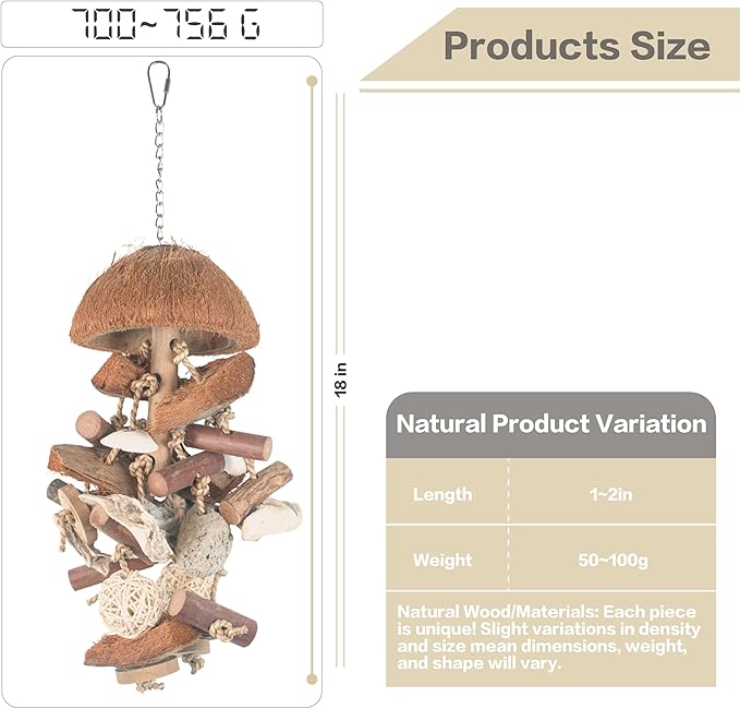 Bird Toys with Natural Coconut Shell - 18in Handmade Hanging Shredding & Foraging Toy with Wood Blocks, Lava Stones, Parrot Toys for Cockatiels, Conures, Parakeets