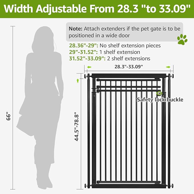 78.8" Extra Tall Cat Gate, 28.3-33" Wide Safety Metal Cat Door, Pressure Mounted Easy Walk Through Pet Gate with Door for Stairs, Doorways, Black