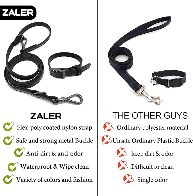 ZALER Dog Collar and Leash Set, Waterproof Adjustable Odor Proof Pet Collars Leashes Easy to Clean, 6FT Dog Leash with 2 Hooks for Large, Medium Small Dogs (L, Black)