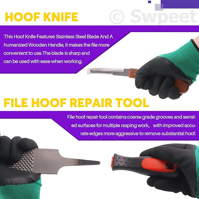 Swpeet 8Pcs Professional Farrier Tools Value Kit with Roll Pack, Horses Hoof Trimmers Shears Tools, Hoof Cutter, Farrier Rasp File and Rubber Handle, Hoof Nipper, Horseshoe Brush, Hoof Knife