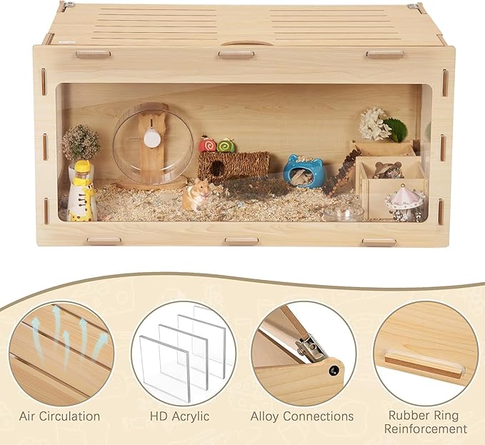 COZIWOW Hamster Cage 32", Large Wooden 270° Panoramic View Chewproof Habitat, Bigger World Small Animal House with Openable Top & Acrylic Panels for Syrian, Dwarf Hamsters, Gerbils