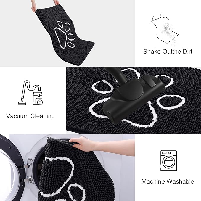 Smiry Dog Door Mat for Muddy Paws, Absorbent Dirt Trapper Non Slip Quick Dry Washable Chenille Mat for Mud Dogs, Entry Rug for Indoor and Outdoor (40x24 Inches, Black and White)
