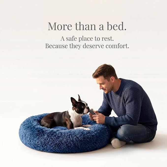 Calming Dog Bed for Medium Dogs Washable Donut 30 inches Anti-Slip Pet Bed,Round Fluffy Plush Faux Fur Cat Bed,Fits up to 45 lbs Pets,Navy Blue