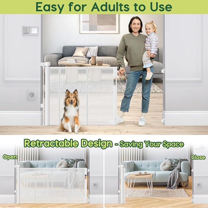 Reinforced 55" Wide Retractable Baby Gates for Doorways to Prevent Crawling Under, Outdoor Retractable Gate, Mesh Child Safety Gates for Toddlers, Indoor/Outdoor Baby Gate for Deck/Porch/Patio, White