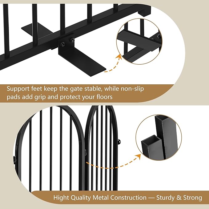 PUPETPO Full Metal Dog Gate with Door for Indoor Outdoor, 24" Tall Free Standing Pet Dog Fence, 72" Extra Wide Pet Gates for Stairs, Hallways, Doorways, Kitchen, Decks, Yards (Black, 4 Panels)