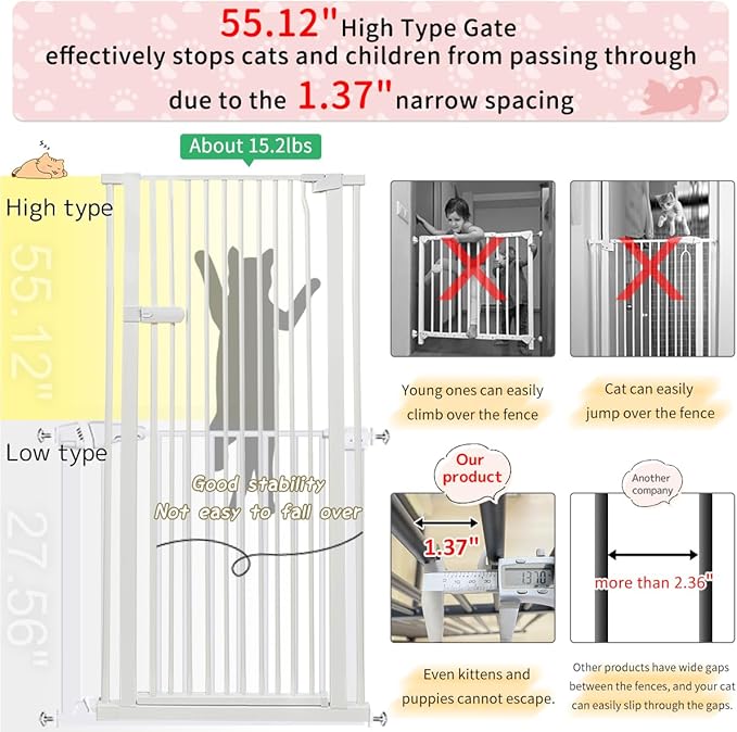 Lumizone Extra Tall Cat Gate 55.12" High Pressure Mounted Extra Wide 2025 New (17 Sizes) 1.37" Gap No Drilling Auto-Close One-Handed Operation Tall Pet Gate for Dogs(White, 55.12" H x 29.92"-38.38" W)