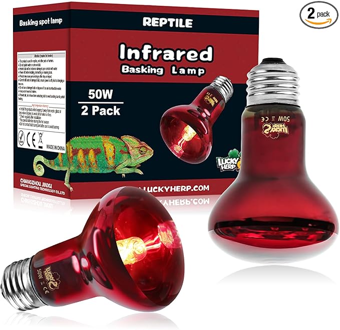 LUCKY HERP Infrared Heat Lamp 50W 2 Pack，Reptile & Amphibian Basking Spot Light Bulbs, Red Heat Lamp Bulbs for Reptiles, Bearded Dragon, Turtle, Lizard, Snake, Chicken