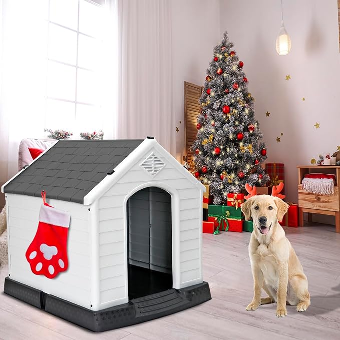 ZENY Plastic Dog House - Waterproof Dog Kennel with Air Vents and Elevated Floor All Weather Indoor Outdoor Insulated Doghouse Puppy Shelter, Easy to Assemble (Grey, 28inch)