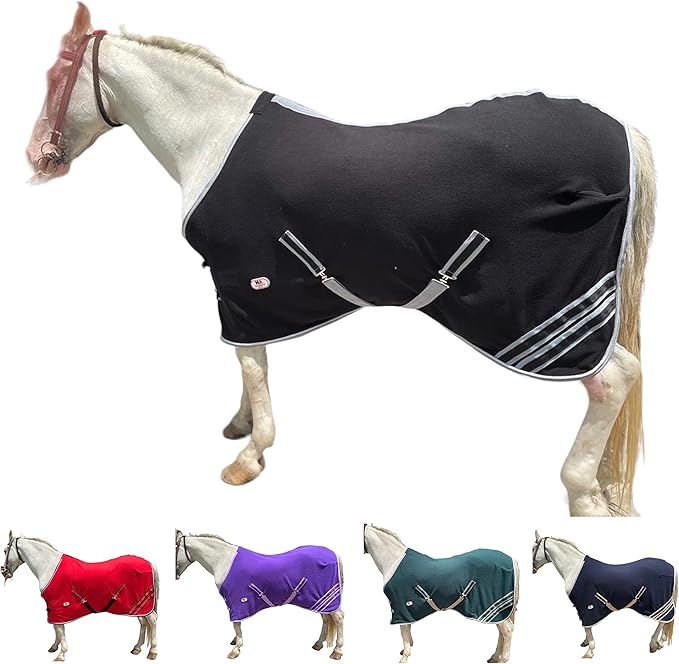 Majestic Ally Anti Pill Fleece Horse Blanket /Sheet with Silver Braided Rope (Black, 70)