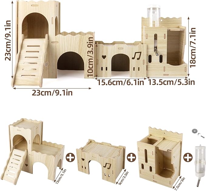 Hamster Hideout House, Multi-Chamber Hamster Castle with Water Bottle, Large Wooden Mouse Playground with Climbing Ladder, Habitat for Syrian Dwarf Gerbils Mice and Small Pets