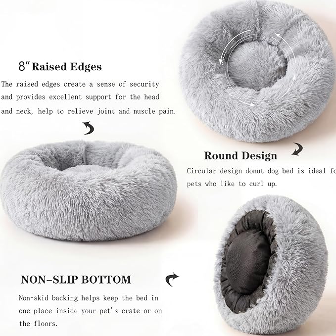 Calming Dog Bed for Medium Dogs Washable Donut 30 inches Anti-Slip Pet Bed,Round Fluffy Plush Faux Fur Cat Bed,Fits up to 45 lbs Pets,Grey