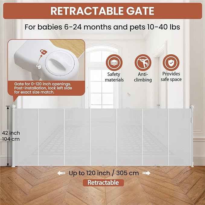 Upgrade Retractable Baby Gates Extra Wide(120" W x 42" H), 120 inch Reinforced Retractable Dog Gate to Prevent Crawling Through, Retractable Gate Outdoor/Indoor, Real One-Handed Operation, White