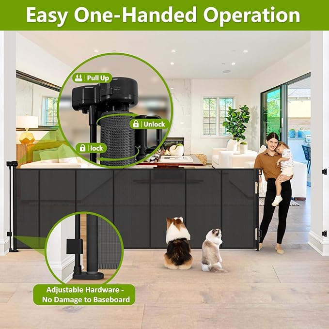 Reinforced 42" Tall x 195" Extra Long Baby Gates for Large Openings, Tall Retractable Baby Gates Extra Wide Dog Gate with Support Rods - Prevent Crawling Under, Indoor/Outdoor Retractable Fence, Black