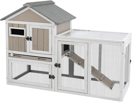48" L Rabbit Hutch Indoor and Outdoor 2-Story Rabbit Cage with Pull Out Tray,Fir Wood Pet House with Wooden Ramp,Waterproof Bunny Cage Indoor with 2 Asphalt Roofs,Grey
