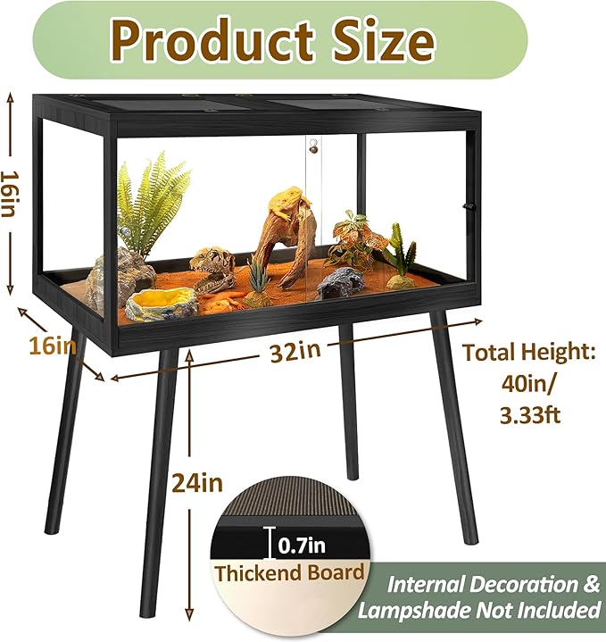 PROLEE Reptile Enclosure with Leg, 35 Gallons Bearded Dragon Tank, Tempered Glass Lizard Tank with Metal Mesh Tops and Lockable Door, Spacious Reptile Habitat for Snake,Lizard (Black)