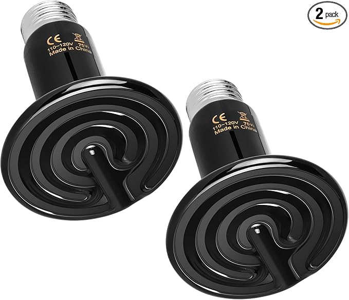 Reptile Heat Lamp 75W Ceramic Heat Emitter, No Light Emitting Heat Bulbs for Amphibian Pet Brooder Coop Incubating Chicken, Lizard Bearded Dragon Turtle Snake Terrarium, 2 Pack