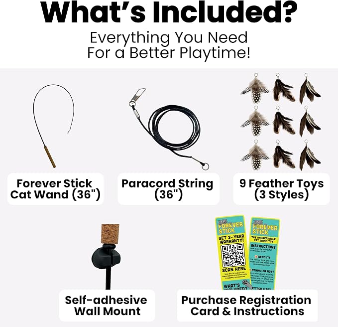 Forever Stick and 9 Cat Feather Toy Refills - The Unbreakable Cat Wand Toy, Durable Cat Toy Wand, Extra Long Cat String Toy, Cat Fishing Pole Toy for Bored Indoor Adult Cats, Cat Stick Toy - Image 2