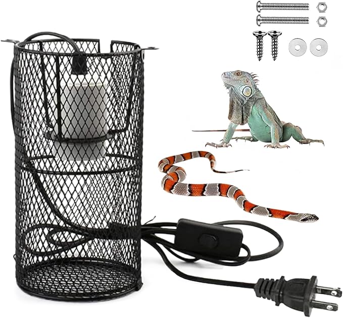 Reptile Heat Lamp Guard Ceramic Heat Emitter Basking Heater Lamp Reptile Accessories for Turtle Snakes Lizards Frogs Chicks with Power Switch & Anti-Biting Hanging Hook Design Round Without Bulb 150w