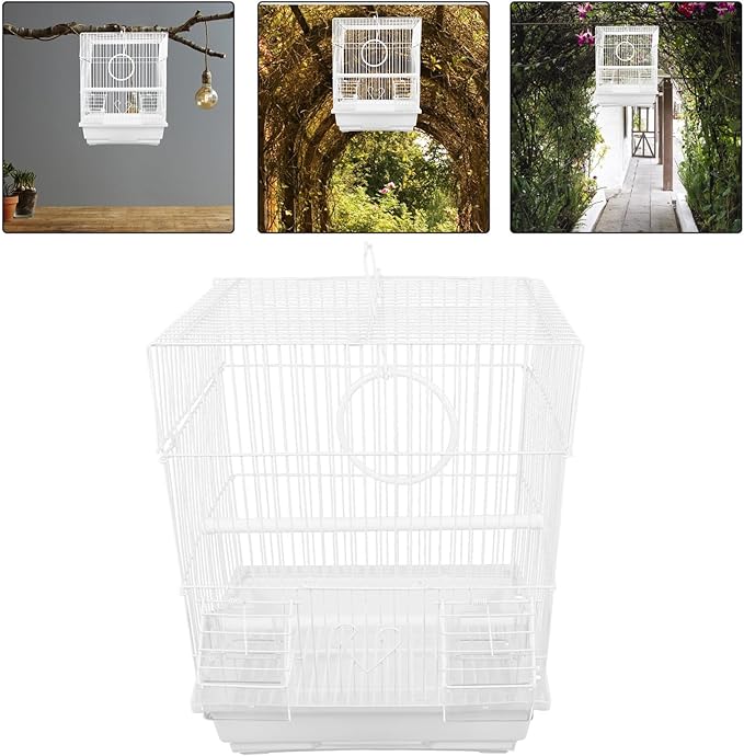 Metal Bird Cage Parrot Carrier with Handle Portable Iron Travel Cage White Medium Size for Cockatiel Conure Outdoor Use