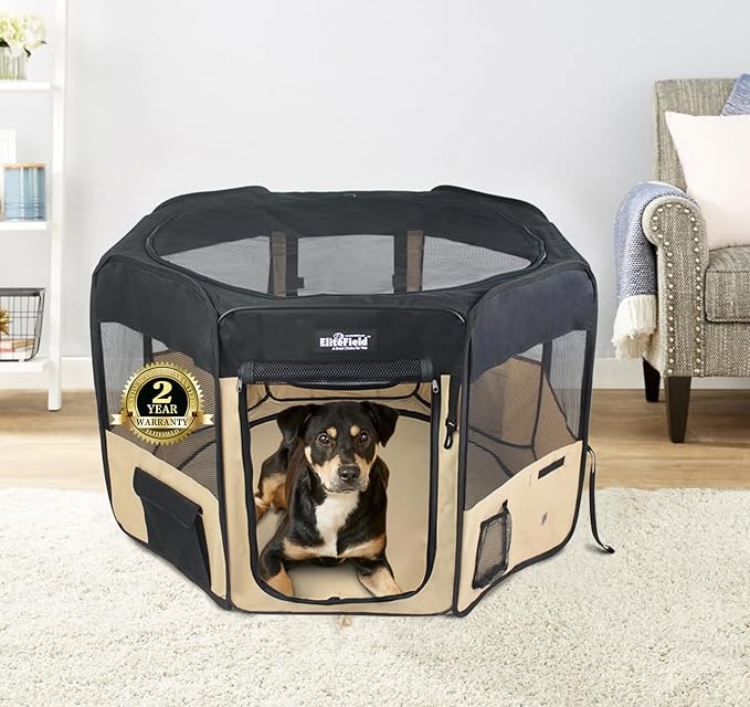 EliteField 2-Door Soft Pet Playpen (2 Year Warranty), Exercise Pen, Multiple Sizes and Colors Available for Dogs, Cats and Other Pets (42" x 42" x 24"H, Black+Beige)