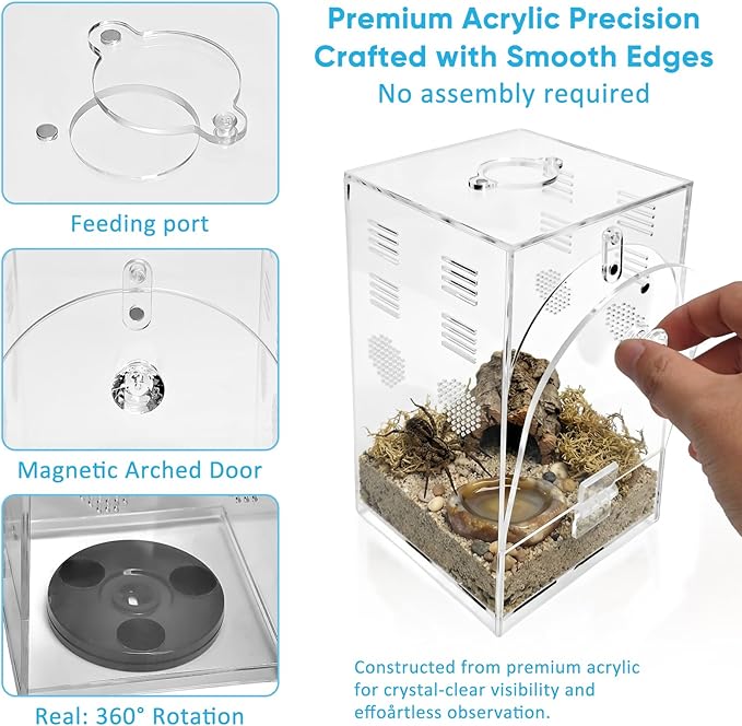 Acrylic Jumping Spiders Enclosure 360 Rotating 4.3" x 4.3" x 7.5" Praying Mantis Habitat