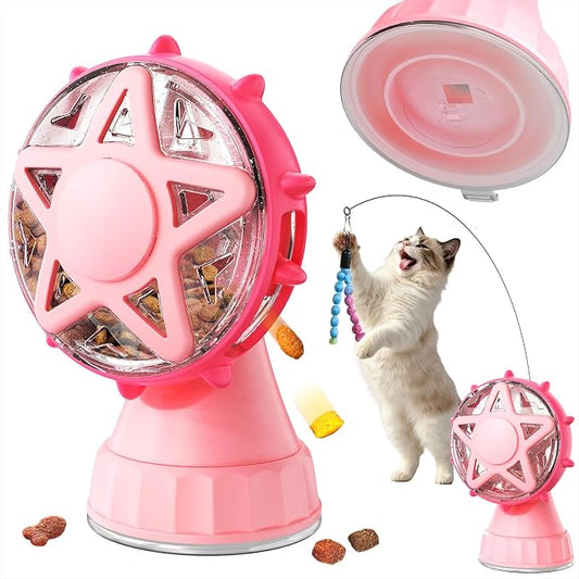 2-in-1 Cat Toys Food Dispenser & Teaser Interactive Toys (Pink) by HCY%26WLD