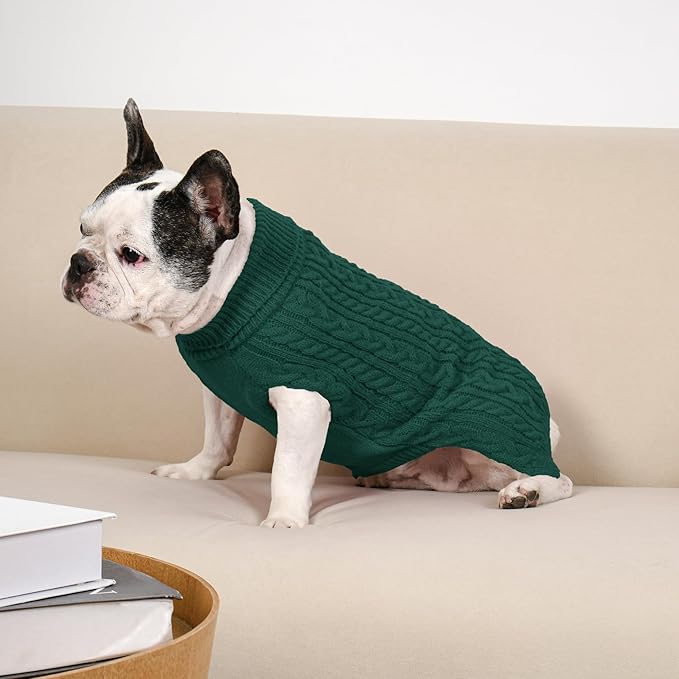 2 Pack Dog Sweaters for Medium Dogs Winter Turtleneck Pullover Cable Knit Fleece Stretch Frenchie Dachshund Pug Corgi Beagle Boy Girl Pet Clothes (L, Green & Brown)