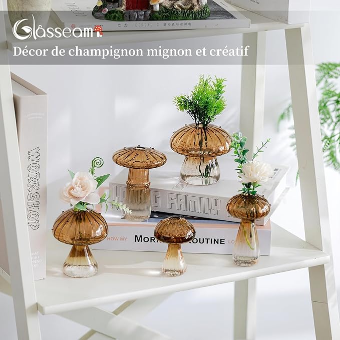 Glasseam Mushroom Plant Propagation Stations: Amber Glass Terrarium Jar Set of 5 Cute Planters for Indoor Plants Mini Propagate Station Unique Christmas Birthday Gifts for Women Home Office Decor