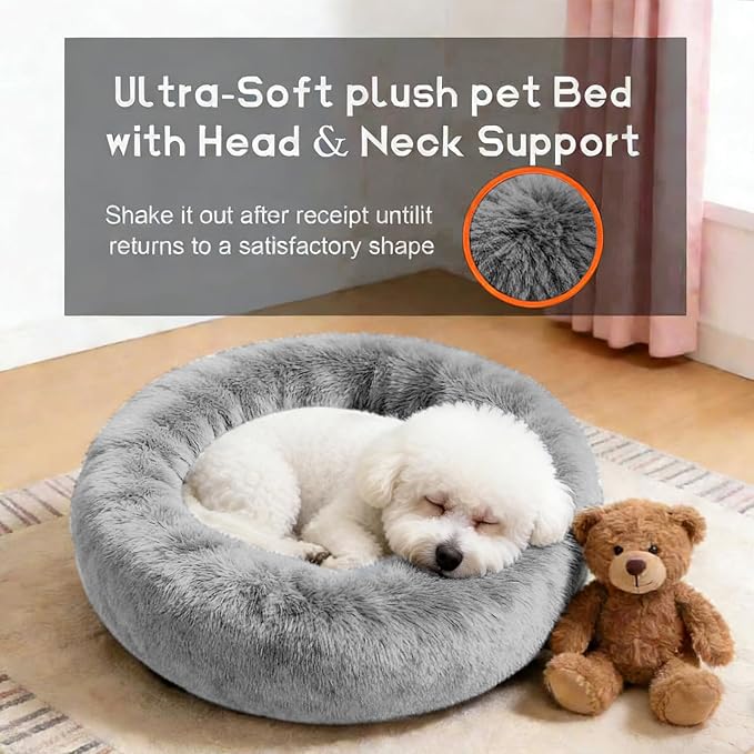 Comfort Donut Dog Bed for Small Dogs, Cat Bed & Pet Bed for Indoor Use, Medium Size with Soft Plush, Round Dog Beds for Large Dogs and Cats (Light Gray, 20''Lx20''Wx8''Th)
