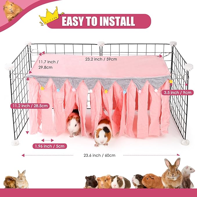 Guinea Pig Hideout - Guinea Pig Corner Hideout, Four-Sided Fringes, Rectangular Top and Washable Hides, Suitable Hides for Guinea Pigs and Rabbit, No Metal Fences, Pink