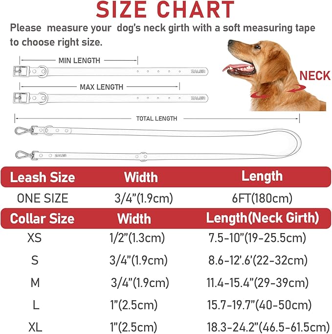 ZALER Dog Collar and Leash Set, Waterproof Adjustable Odor Proof Pet Collars Leashes Easy to Clean, 6FT Dog Leash with 2 Hooks for Large, Medium Small Dogs (XL, Red)